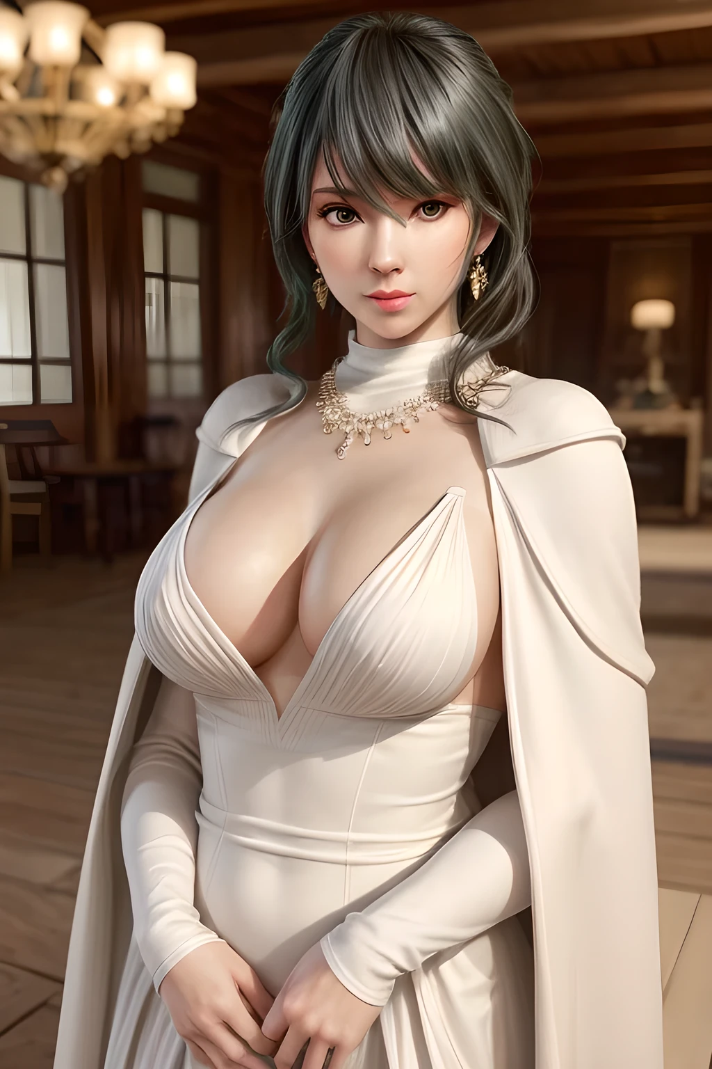 A lady with extraordinary temperament, she stands in a modern indoor space, as if she is a model from a fashion magazine. She is wearing a (pure white long fur cape), the softness and luster of which makes her look more noble under the light, and complements her (beige dress) underneath, showing her gentle temperament while maintaining a sense of fashion. The style of the dress is simple and generous, a perfect match, and it lengthens her figure, making her tall and charming. The lady's makeup is delicate and elegant, which just highlights her facial features and makes people unforgettable at first sight. Although the earrings and necklace she wears are not ostentatious, they add a bit of sophistication and nobility to her overall look. Her hair is casually draped over her shoulders, and every strand of hair exudes a natural luster,, (best quality,8k,highres,masterpiece:1.2),ultra-detailed,(realistic,photorealistic,photo-realistic:1.37),studio lighting,ultra-fine painting,sharp focus,physically-based rendering,extreme detail description,professional,vivid colors