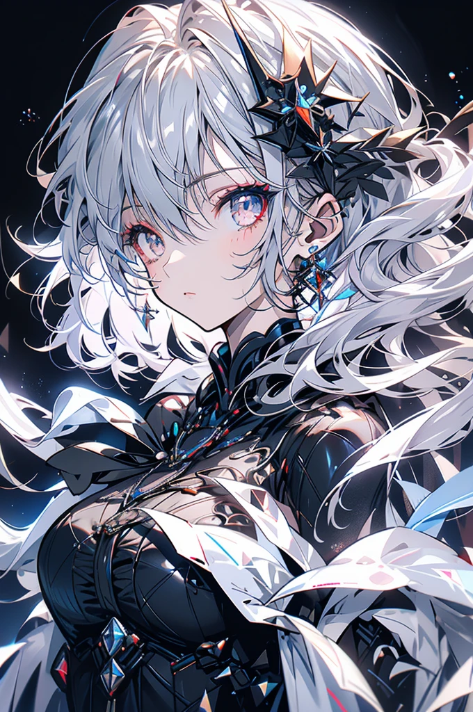 Exquisite facial features,Girl in western dress,Glassy eyes,Silver earrings,Black long hair,cute