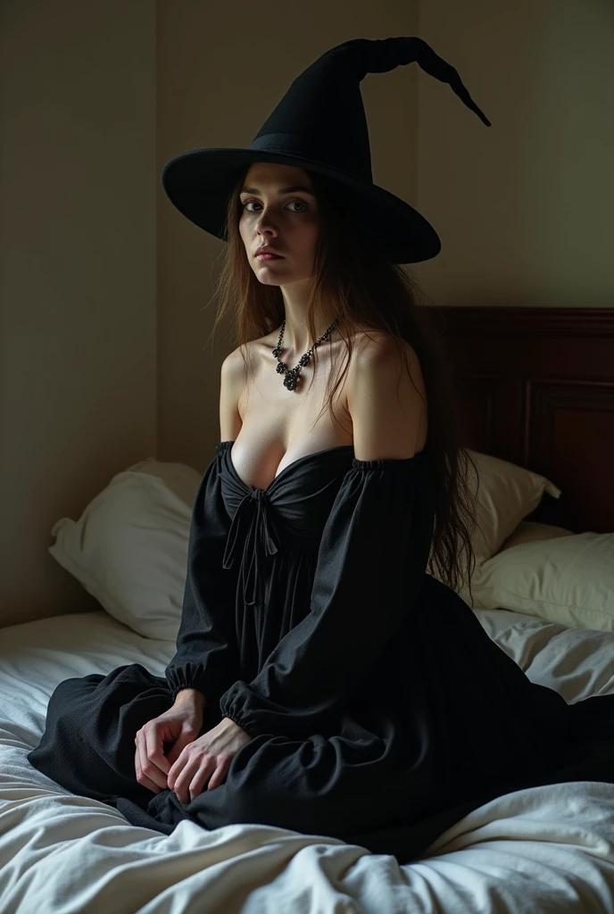Girl dressed as a plague doctor sitting on a bed and you can see her under her skirt (NSFW) (visible pussy) (bare shoulders)