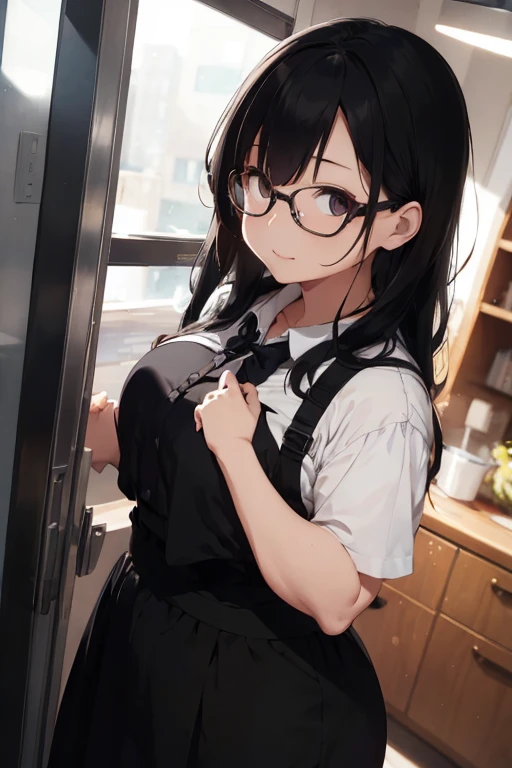 A short chubby woman wearing formal dress. Glasses, long black hair, dull eyes.