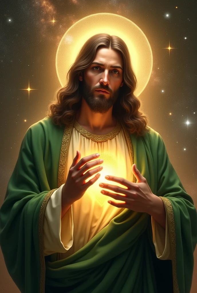 (photorealism:1.2), handsome Jesus Christ with tears focus in his face in the galaxy, wearing green king clothes with light in his head and heart spreading all over in the galaxy, perfect eyes tears, perfect Jesus Christ, real Jesus Christ, perfect five hands, perfect crying face, elegant, soft lighting, many stars, stand straight, realistic, intricate details, warm colors, by Earl Cornelio Necor