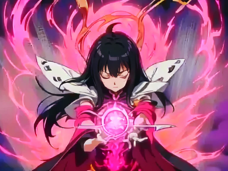 (:cellshading:(anime)(manga)anime main character of a woman in a black dress, Dark witch, Astral Witch Clothing,pose (casting a powerful spell, human :: sorceress, dark sorceress, anime woman, black fur wizard, witch clothes) masterpiece, hair flying up, hands down performing a spell, closed eyes, kinetic lines