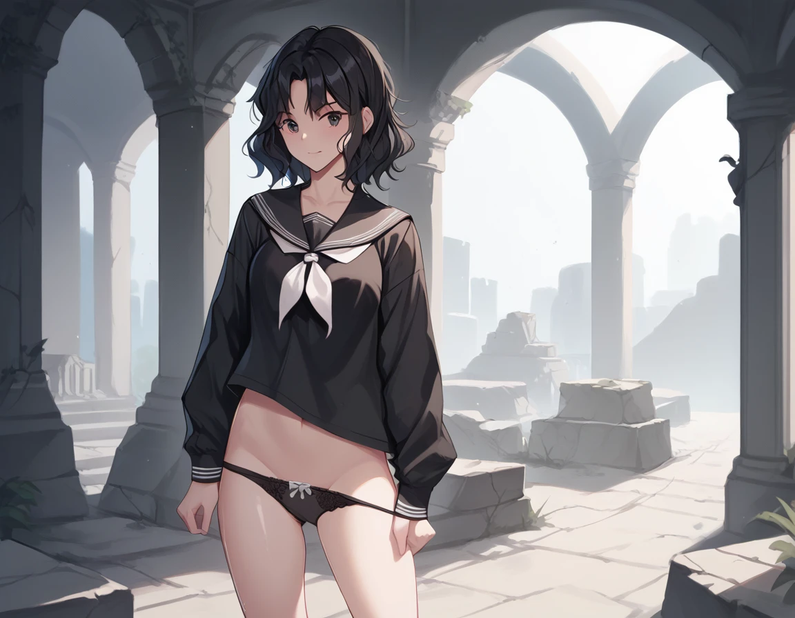 (((masterpiece, ultra-detailed))), AissistXLv2, nsfw, ,Black serafuku, long Sleeves, {{holding panties}}, standing,, kaoru tanamachi, black eyes, black hair, messy hair, Shiny skin, ruins