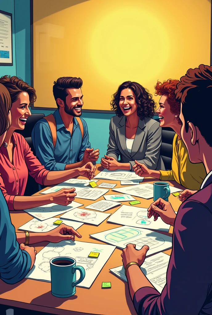 • Comic-style image of a modern conference room with a large table and chairs with people sitting on it • The table is full of papers, Sketches and post-its with written ideas.
• The group collaborating. exchanging ideas and smiling.