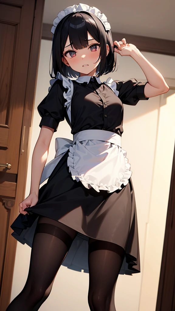 masterpiece,Highest quality,One girl,maid,Black Bob,Black Apron Dress,,Long skirt,Small breasts,Black Pantyhose,Low Angle,Looking into the camera,（Sharp eyes）,（Glare:1.1）,Contemptuous Eyes,（Hollow Eyes）Through clenched teeth,Sweat,（Raise your skirt yourself）,Panty shot,（Panties through pantyhose）,Camel-to-Focus,（From below）,Raise one leg,throw,At the mansion