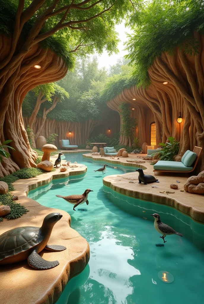 An ecological recreational space within a hotel, where guests can be comfortable and enjoy learning about natural conservation with board games, It is not necessary to add water, Simply that the board games are ecological and activist. Notice recreational games where turtles appear, sea lions, Penguins, finches they would be the accessories of the board games.