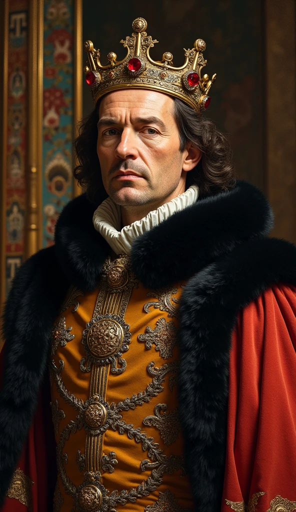 (masterpiece, UHD, oil painting, Greg Rutkowski's style influence:1.2), King Charles II of England, (elaborate 17th-century royal attire:1.2), black curled wig, raising his (whisky glass:1.1), amber liquid, glint of light, grand fireplace background, ornate woodwork, (flickering firelight:1.1), lavish paintings, vibrant colors, opulent atmosphere, diagonal shot, looking at viewer, toasting.