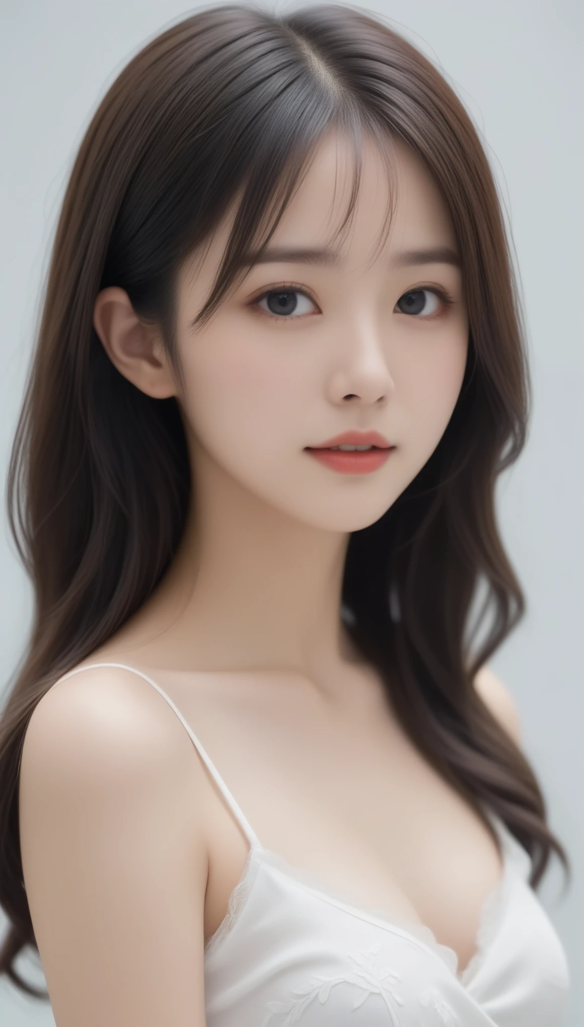 8k, Ultra-high resolution, Highest quality, masterpiece, 三分割法によるphotograph,Surreal, photograph, 1 Girl, (16 years old:1.3), pretty girl, Cute Face, 細部までBeautiful Eyes, 細かくdetailedに,masterpiece,One Girl:1.2,Japanese female announcer,close up,smile,Black Hair,Loose curly hair, (Beautiful attention to detail),Subtle details, detailedな顔, smile,Attractive girl,(女の子のポートレートphotograph:1.4),(Photorealistic images:1.4),Fantasy art,Gray background,(Beautiful Face:1.4),Beautiful and attractive eyes、Beautiful Eyes、(Tight waist:1.4)、(Beautiful girl with perfect body proportions:1.4),Red lips,Looking at the audience,(((Ideal body type))),A-cup small breasts :2,、Portraiture:2、Perfect Anatomy、鮮明なdetailed、detailed,Fashion magazine cover,Thin lips,完璧でBeautiful Face ,完璧でCute Face, Skin with attention to detail, Perfect limbs、Narrow waist,Surreal,Light and shadow,stage lights