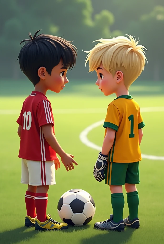 two brothers, one  and the other 14 years oldtanding in the middle of a soccer field.
One is white skin, short straight light blonde hair, Brown eyes, He has a soccer goalkeeper&#39;s uniform with soccer gloves with the number 1 on his back that says ISAIAS V.
The other is light brown skinned with straight black hair., He has a football uniform with the number 10 on the back and says ENRIQUE V .
They both have the same height.
There is a ball in the middle of them