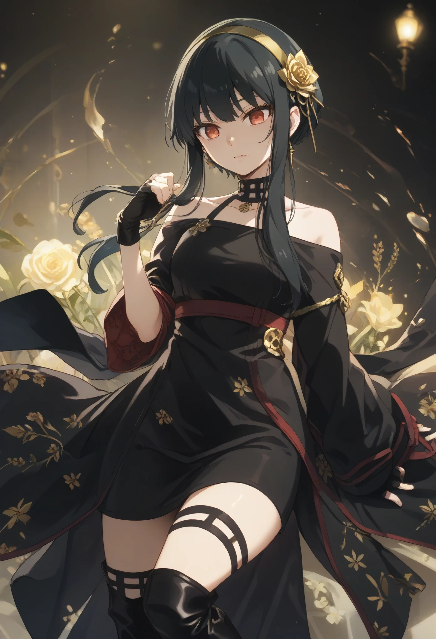 YorForger,1girl,black hair,red eyes,short hair with long locks, gold hairband,hair flower, black choker, black dress,sleeveless,off shoulder, floral_print, fingerless gloves, black footwear,thigh high heel boots,
