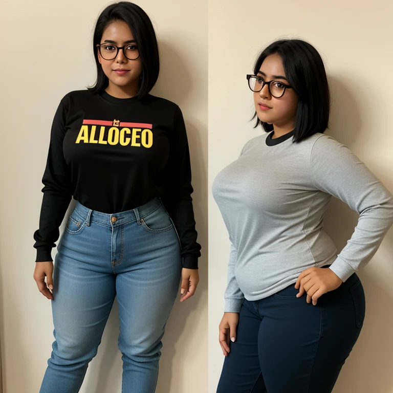 Full body photo, beautiful detailed, cute face, short, Guanajuato teen, slightly chubby, short black hair, black hair over one eye, glasses, long sleeve plain T-shirt, long pants, pearshaped wide hips with thick thighs, solo, voluptuous round butt.