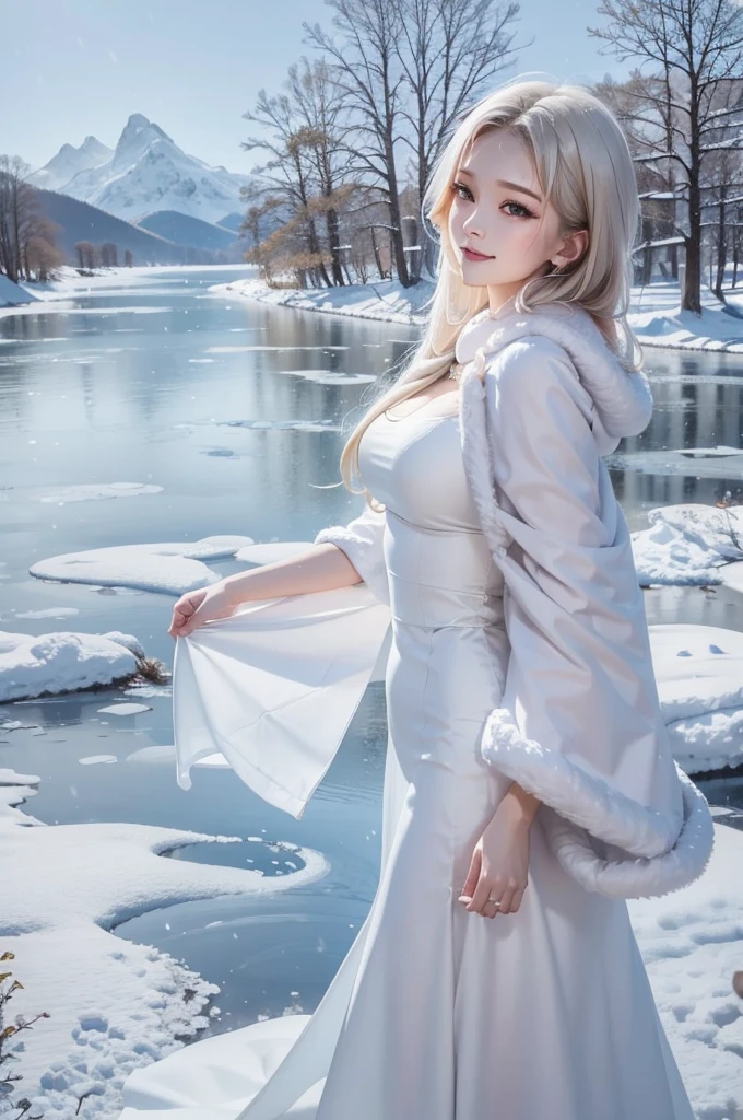 (the upper body:1.5).masterpiece、Highest quality、1 girl, winter, platinum blonde hair, Cute girl, smile, close mouse, medium breasts, sideboob:1.2, white dress, winter clothes, long skirt, Fur coat、Small waist、Thin legs、outdoors, front of the lake, snow falling, Prayer Pose, join hands, from side:1.5, side view, 