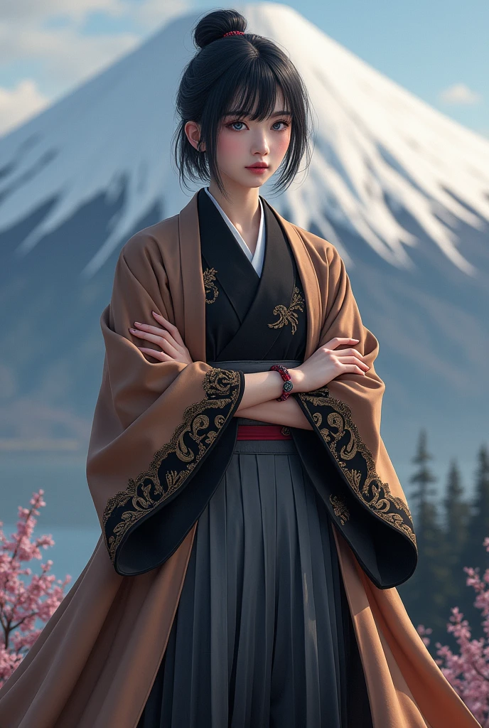 She has short black hair tied up, her arms crossed, sharp blue eyes, a brown haori coat, a black kimono with black and gold embroidery, gray and black gradation hakama, a dark red, black and gray friendship bracelet on her leg, and is standing with Sakurajima in the background.