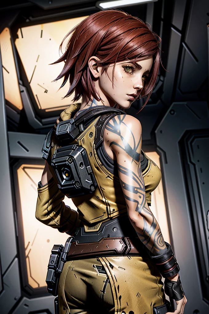 (masterpiece, best quality, cinematic lighting)
LilithBorderlands,  1girl, solo, red hair, yellow eyes, upper body, from behind, looking at viewer
  