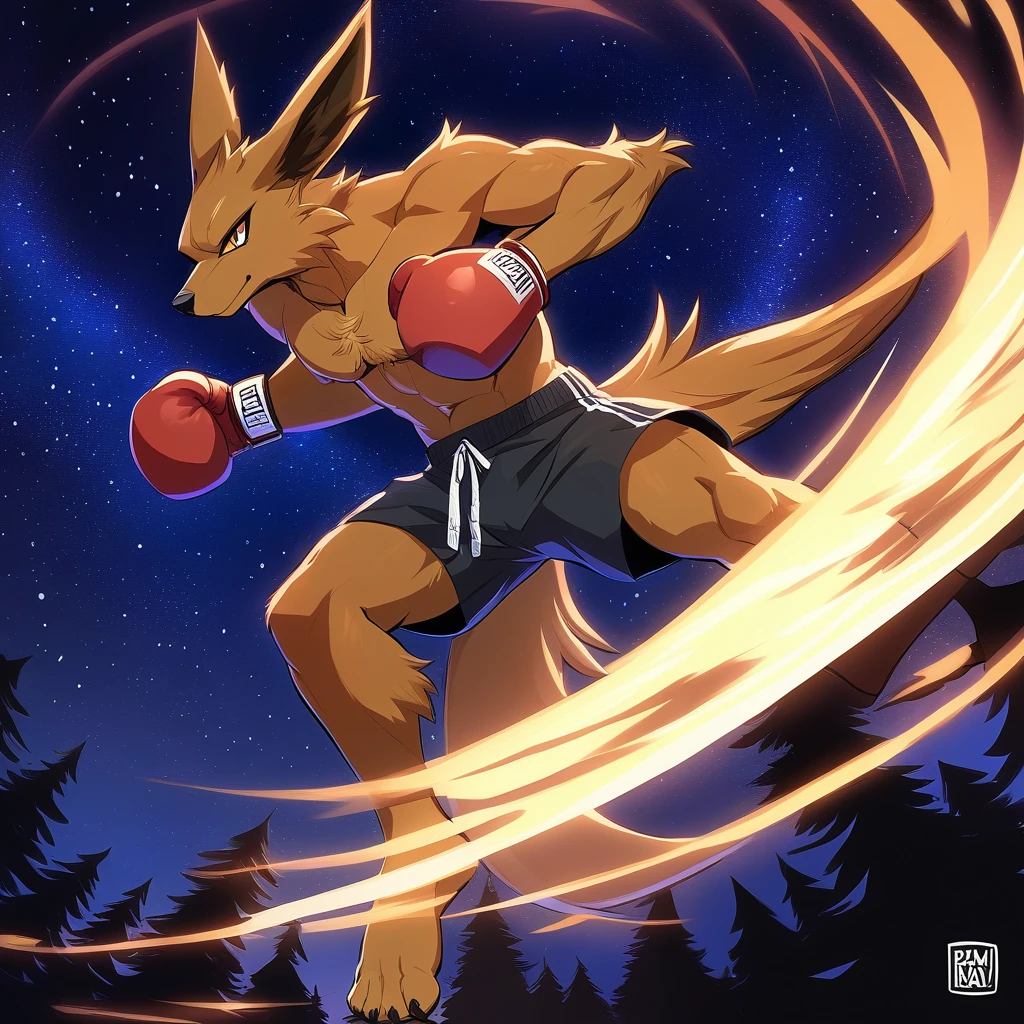 anime style, brown Kurama boxing, eyes with pupils, animal ears, black nose, detailed body hair, face, eyes, full body, furry long tail, detailed tail,, humanoid body, dress shorts and boxing gloves, fighter, three-toed feet, night sky, forest,
