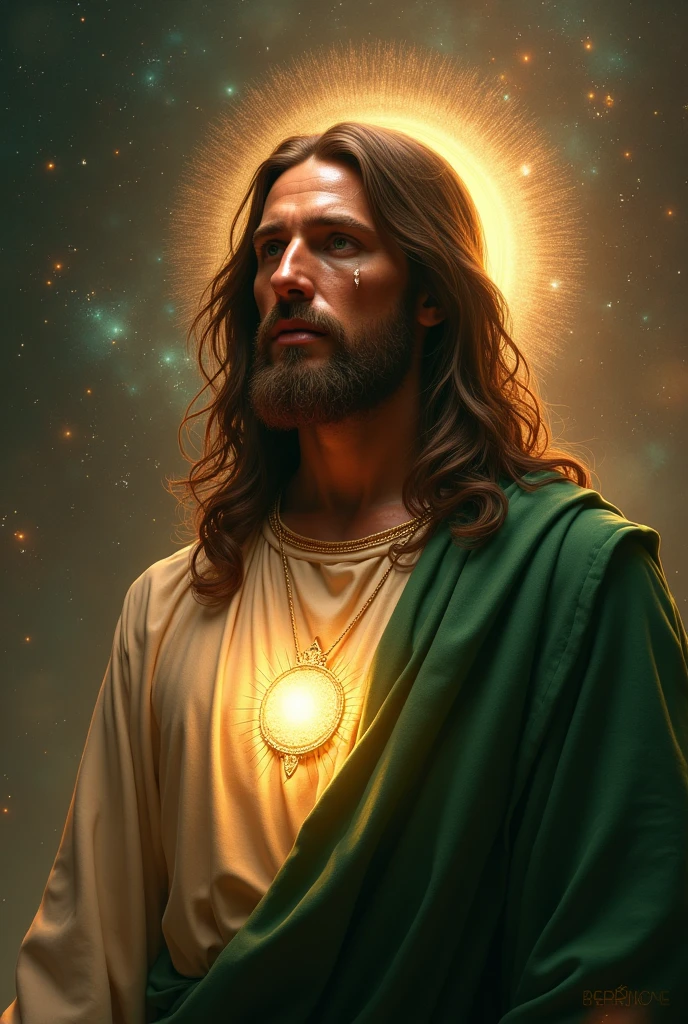 (photorealism:1.2), handsome Jesus Christ with tears focus in his face in the galaxy, wearing green king clothes with light in his head and heart spreading all over in the galaxy, perfect eyes tears, perfect Jesus Christ, real Jesus Christ, perfect five hands, perfect crying face, elegant, soft lighting, many stars, stand straight, realistic, intricate details, warm colors, by Earl Cornelio Necor