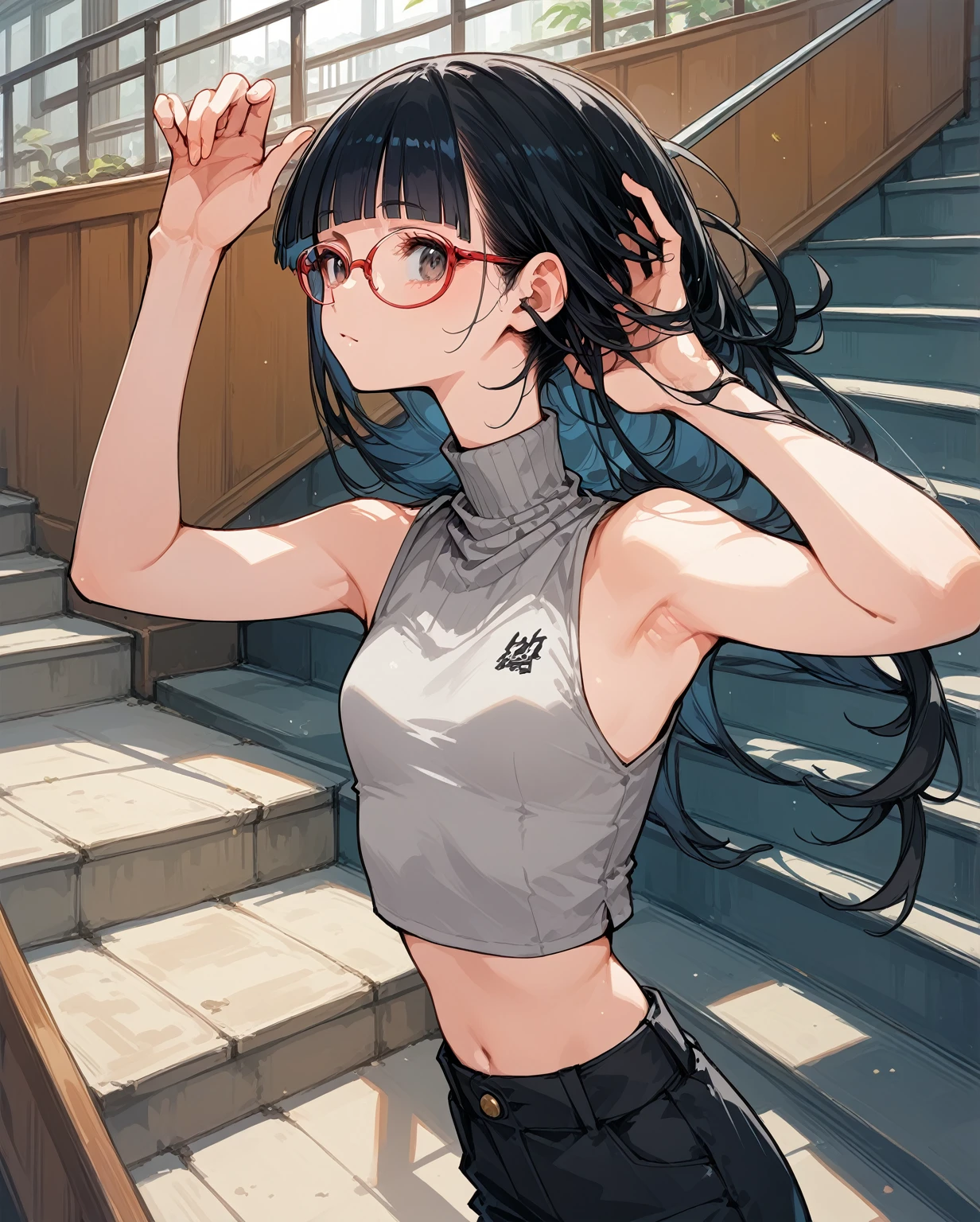 Flat Chest,Focus on your audience,Extremely thin body,Anime Style,Slender figure,delicate,Glasses,Asian woman in grey top and black pants posing on stairs, Sleeveless turtleneck, セクシーなWearing a crop top, Photo of slim girl model, Chiho, T-Top, shikamimi, Wearing a crop top, Real life anime girls, Kurohime cut hair, Shashi, 2 4-year-old female model