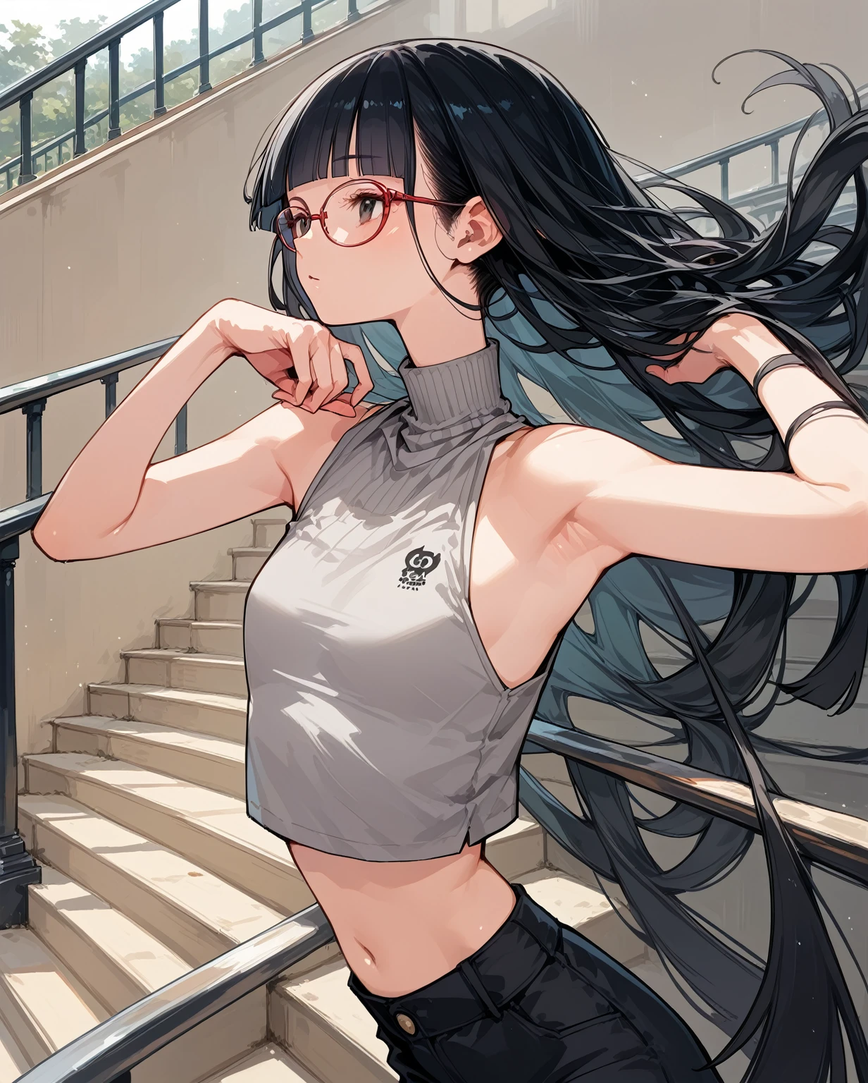 The sides of the upper body are completely exposed,側面が完全に空いているデザインのSleeveless turtleneck,Exposed from the flank to the chest,Protruding ribs,Exposed waistline,Super low rise,Not wearing an inner layer、胸元が開いたデザインのSleeveless turtleneck,Exposed chest、Exposed flanks,sexy,Flat Chest,Focus on your audience,Very thin body,Anime Style,Slim figure,delicate,Glasses,Asian woman wearing a grey top posing on the stairs, Sleeveless turtleneck_Baggy, 脇が完全に開いているSleeveless turtleneck_Relaxed back design,rib cage,Side bust,Shoulders are wide open,sexyなWearing a crop top, Photos of slim models, Chiho, T-Top, shikamimi, Wearing a crop top, Real anime, Kurohime cut hair, Chassis, 2 4-year-old female model