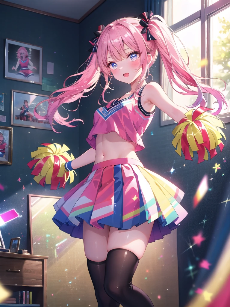 ((8k, Highest quality, masterpiece: 1.3)),Ultra-high resolution,(1 girl, alone), (Color changing eyes, Ultra-detailed, Expressive brilliance, Glitter, Glowing Eyes), Highly detailed eyes, Highly detailed face, Random Hair, ((pastel colour)),A playful young woman with pastel pink hair styled into twin pigtails, standing in front of her full-length mirror in her cozy bedroom during the late afternoon. She is dressed in a sexy cheerleader cosplay, wearing a tight-fitting crop top with a pleated skirt, thigh-high socks, and a pair of pom-poms. The camera captures her from a frontal angle as she strikes a playful pose, her expression full of energy and flirtation. The room is brightly lit with natural sunlight streaming in, with a few sports posters on the walls, and a soft carpet beneath her feet, creating a lively and fun atmosphere.