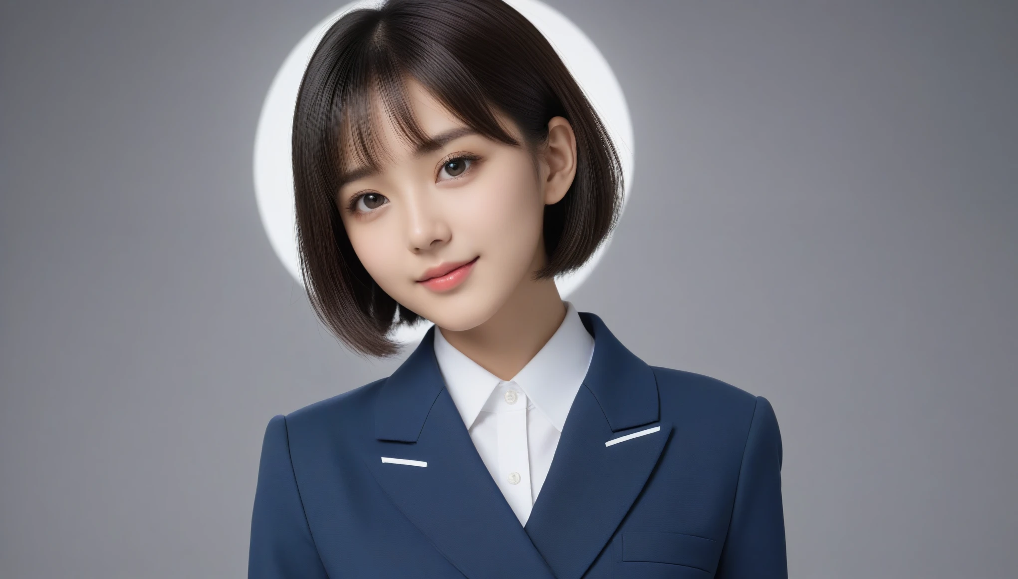 8k, Ultra-high resolution, Highest quality, masterpiece, 三分割法によるphotograph,Surreal, photograph, 1 Girl, (:1.3), pretty girl, Cute Face, 細部までBeautiful Eyes, 細かくdetailedに,masterpiece,One Girl:1.2,Japanese women,Young Wife,upper body,smile,Black hair,Bowl cut, Blazer uniform,(Beautiful attention to detail),Subtle details, detailedな顔, smile,Attractive girl,(女の子のポートレートphgraph:1.4),(Photorealistic images:1.4),Fantasy art,Gray background,(Beautiful Face:1.4),Beautiful and attractive eyes、Beautiful Eyes、(Tight waist:1.4)、(Beautiful girl with perfect body proportions:1.4),Pink Lips,Looking at the audience,(((Ideal body type))),A-cup small breasts :2,、Portraiture:2、Perfect Anatomy、鮮明なdetailed、detailed,Fashion magazine cover,Thin lips,完璧でBeautiful Face ,完璧でCute Face, Skin with attention to detail, Perfect limbs、Narrow waist,Surreal,Light and shadow,stage lights