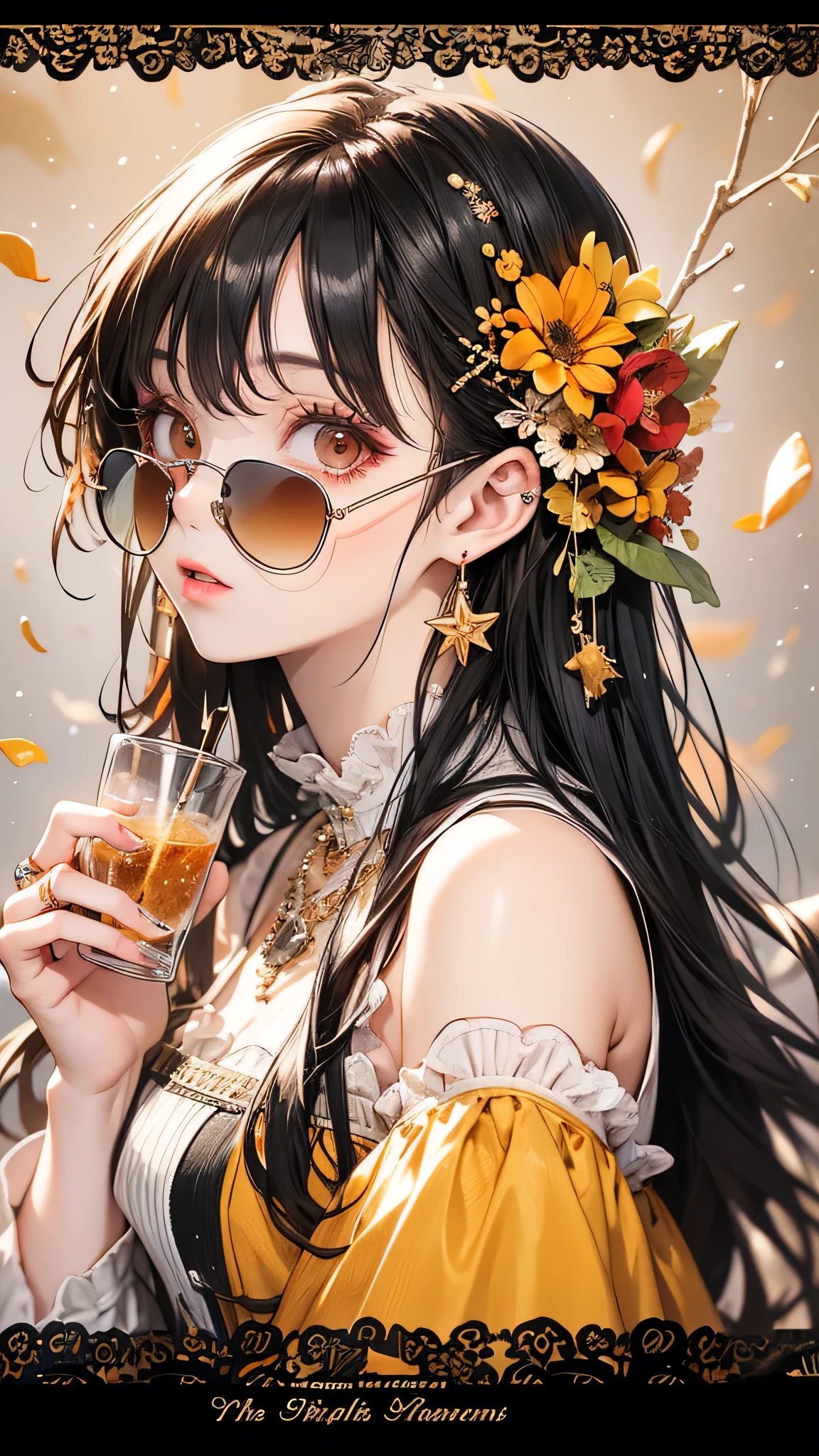 Absurd, High resolution, Super detailed, One girl, alone, Very fine grain, Starfish, seashell, shell, flower, Have, hair ornaments, jewelry, straw Have, View your viewers, sunglasses, Have flower, straw, Hair Clip, earrings, red flower, Colored glasses, yellow flower, bangs, English text, Multicolored Hair, orange flower, Black Hair, ring, cup, Long Hair, orange-Colored glasses, food, Brown Hair, Portraiture, shell hair ornaments