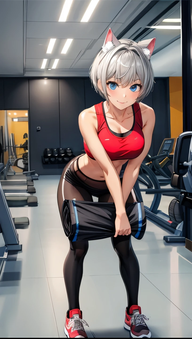 (masterpiece), (best quality), (High quality), BREAK, expressive eyes, BREAK, perfect face, (1girl), (grey cat ears), (medium hair, grey hair), ((pixie cut)), BREAK, (big eyes, perfect eyes, blue eyes, thick eyelashes), thin eyebrow, BREAK, ((smile)), BREAK, (short height), BREAK, slim bulid, BREAK, (medium breasts), (clevage), BREAK, (red cropped tanktop: 1.3), BREAK, ((black bloomers: 1.1, tight fit: 1.3, low-waist: 1.4)), BREAK, (sneakers), BREAK, (standing), (view from the fromt, bend over), (face focus), (full body), BREAK, (gym, crowded)