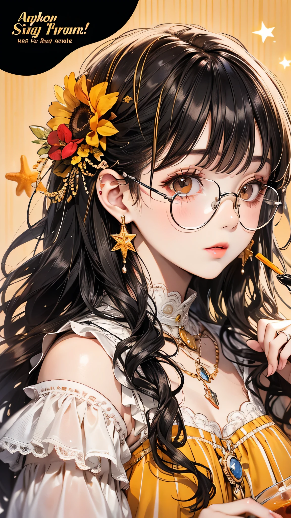 Absurd, High resolution, Super detailed, One girl, alone, Very fine grain, Starfish, seashell, shell, flower, Have, hair ornaments, jewelry, straw Have, View your viewers, sunglasses, Have flower, straw, Hair Clip, earrings, red flower, Colored glasses, yellow flower, bangs, English text, Multicolored Hair, orange flower, Black Hair, ring, cup, Long Hair, orange-Colored glasses, food, Brown Hair, Portraiture, shell hair ornaments