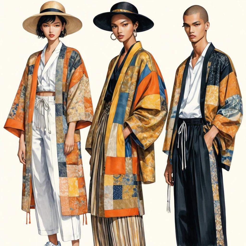 candid fashion illustration a group of young 2man and 1girl, aged 18-23 year old, tall and slender, Mixed race male super model, ((showcase fashionable Lenin outfits inspired by designer Dris Van Noten spring collection 2024)), in elegant and modern style of ((patchwork or collage of E-co print mixed with Metallic color fabric and ethnic cloth)). The 1st man wears an oversized shirt with embroidery and lace details, paired with slim-fit Pants. The 2nd man complements him in a shirt decorate with lace and an oversized Yukata Jacket, ethnic woven details, paired with big striped Drawstring short. a woman wears patchwork long silk dress style, (all completes the look with white sneakers, an accessorizes with a wide-brimmed straw hat, sunglass. Captured in a ((full-body image)), simple model pose, ((simple water-color paint on white paper background)), realistic pencil lines, imperfect drawing, charcoal lines detail, fading sketch, fashion Sketching, low angle view, (full body image), Dris Van Noten