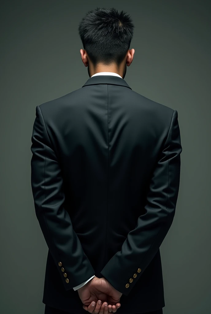 Handsome Japanese man facing backwards while fully clothed with his hands tied behind his back
