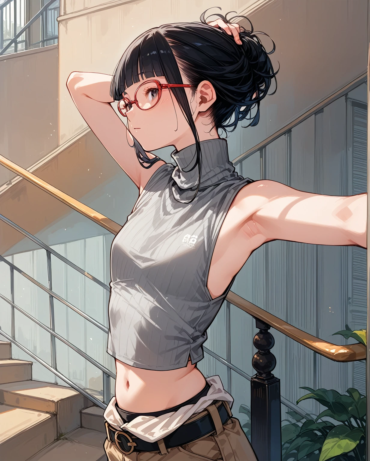 Flat Chest,Focus on your audience,Extremely thin body,Anime Style,Slender figure,delicate,Glasses,Asian woman in grey top and black pants posing on stairs, Sleeveless turtleneck, セクシーなWearing a crop top, Photo of slim girl model, Chiho, T-Top, shikamimi, Wearing a crop top, Real life anime girls, Kurohime cut hair, Shashi, 2 4-year-old female model