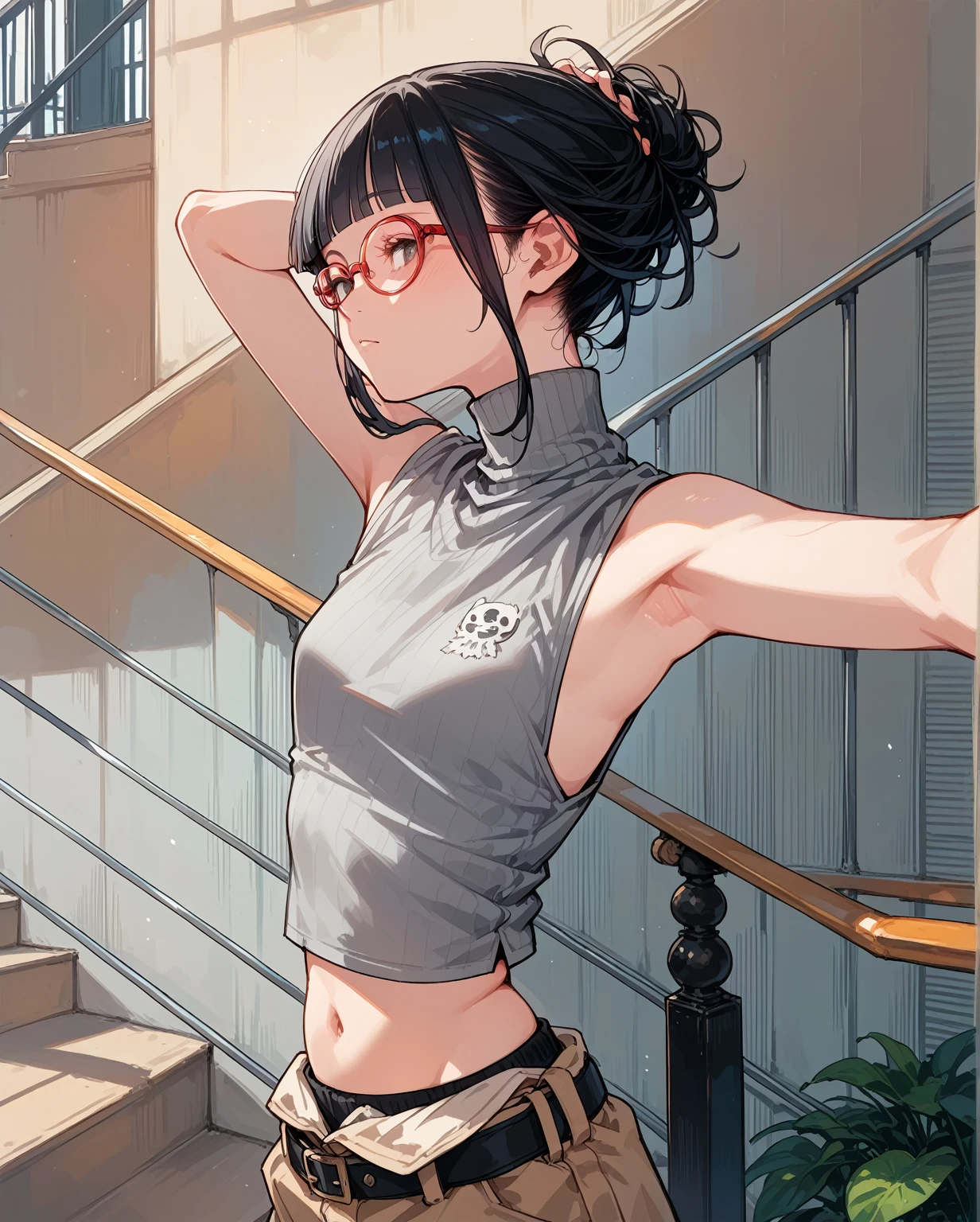 Flat Chest,Focus on your audience,Extremely thin body,Anime Style,Slender figure,delicate,Glasses,Asian woman in grey top and black pants posing on stairs, Sleeveless turtleneck, セクシーなWearing a crop top, Photo of slim girl model, Chiho, T-Top, shikamimi, Wearing a crop top, Real life anime girls, Kurohime cut hair, Shashi, 2 4--old ale model