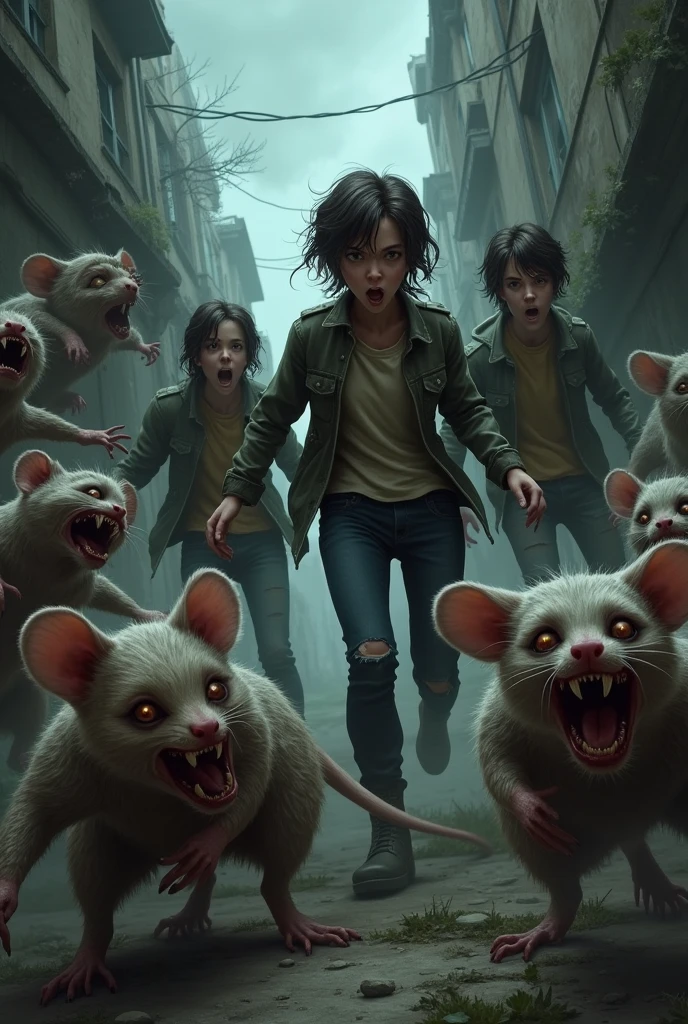 4 teenagers surrounded by zombie possums 