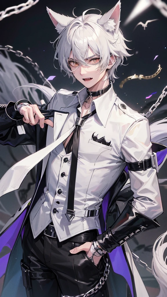 1 boy, anime, futuristic setting, high quality, wolf ears, wolf tail, butler suit, white button-up, spiked collar, chains, holster belts, sleeves rolled up, some undone buttons, scars, bandages, messy hair, fangs, moles