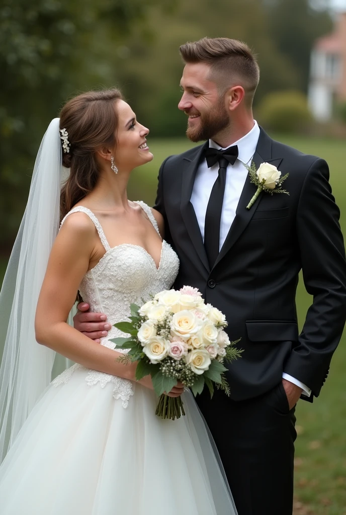 Wedding image . The woman dressed as a bride and mine in a suit and tie