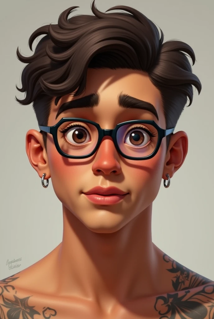 A young 22 year old white tanned man, no beard or mustache, SMOOTH FACE, short curly dark brown hair, medium brown eyes and slightly droopy, small mouth, large nose, slightly flat square face, Big cheeks, well-marked jaw, Thin, arched eyebrows, wears black hexagonal glasses with a very thin temple, has a silver plug in his left ear and a silver piercing in his left eyebrow, has tattoos on his right arm and chest.