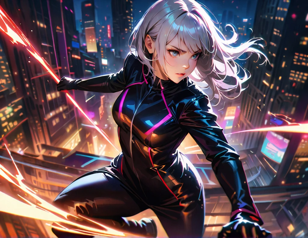 A detailed, high-quality girl in white hair and grey eyes with dark circles, wearing a black heroine costume, city background at night, masterpiece, cinematic lighting, dramatic atmosphere, hyper detailed, vibrant colors, photorealistic, 8k, dynamic pose, intricate details