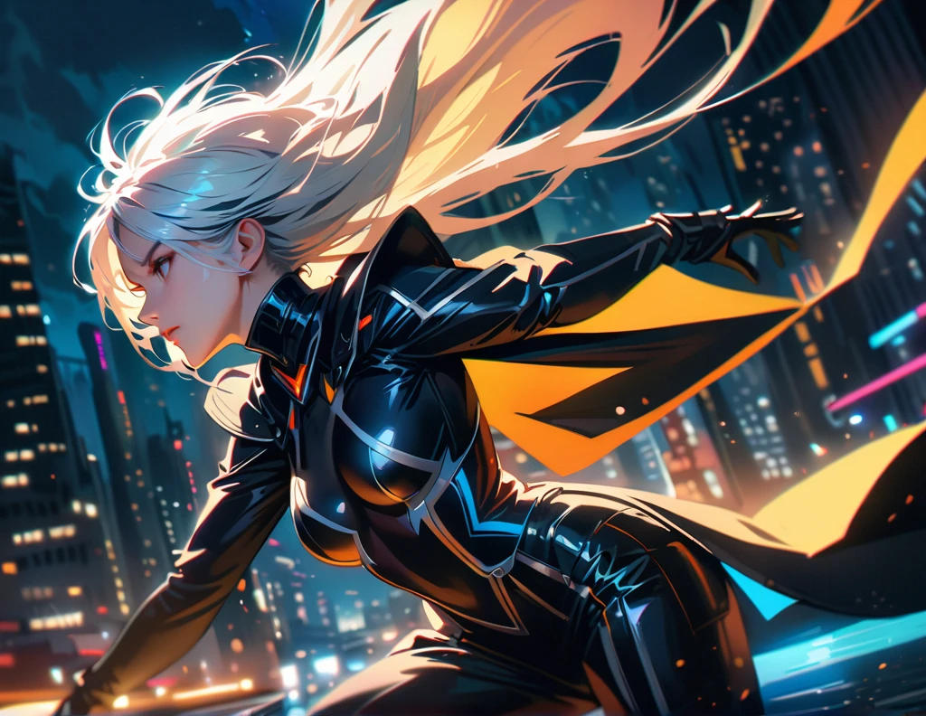 A detailed, high-quality girl in white hair and grey eyes with dark circles, wearing a black heroine costume, city background at night, masterpiece, cinematic lighting, dramatic atmosphere, hyper detailed, vibrant colors, photorealistic, 8k, dynamic pose, intricate details