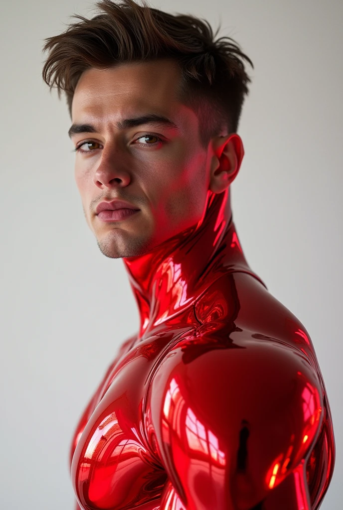 Quarter body photorealistic shots handsome hunky fractal masculine titans Ultra Boy.. wearing a Red Ruby transparent crystal chrome glass super suit , look at camera, detailed face parts,, studio as background, Freestyle Pose, Happy Expression, perfect anatomy, symmetric body,, 18 years old, :: high detail, a lean athletic body, realistic, human skin, extremely detailed fingers, chad chin,, masculine, human skin, (eyes contact), gorgeous, Attractive. super bulges in action