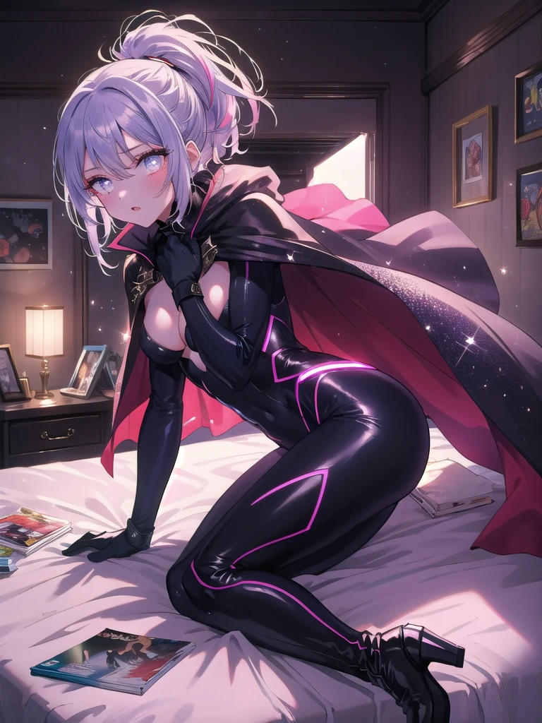 ((8k, Highest quality, masterpiece: 1.3)),Ultra-high resolution,(1 girl, alone), (Color changing eyes, Ultra-detailed, Expressive brilliance, Glitter, Glowing Eyes), Highly detailed eyes, Highly detailed face, Random Hair, ((pastel colour)),A confident young woman with pastel lavender hair styled into a sleek ponytail, lounging on her bed in her stylish bedroom during the late evening. She is dressed in a provocative superhero cosplay, wearing a skin-tight bodysuit with a high collar, a cape draped over her shoulders, and knee-high boots. The camera captures her from a slightly elevated angle as she lies back, her expression powerful and commanding. The room is dimly lit by a single spotlight, casting dramatic shadows across her form, with a few comic books scattered on the bed, and a neon sign on the wall adding to the heroic yet seductive atmosphere.