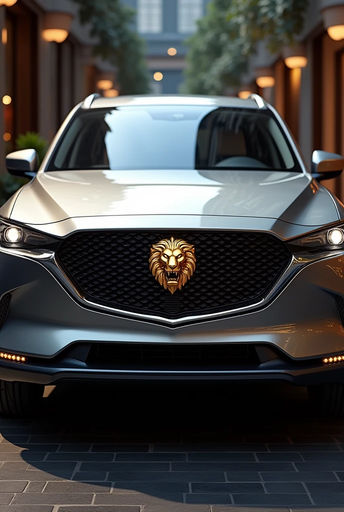 PREMIUM LUXURY LARGE SUV in LIGHT GRAY MIRROR WINE WITH A GOLDEN LION TYPE LOGO AND THE FRONT OF THE GRILLE SAME AS A Mazda MIXED WITH THAT OF A 2013 Hyundai Tucson WITH LIGHTS LIKE THE EYES OF A FURIOUS LION  