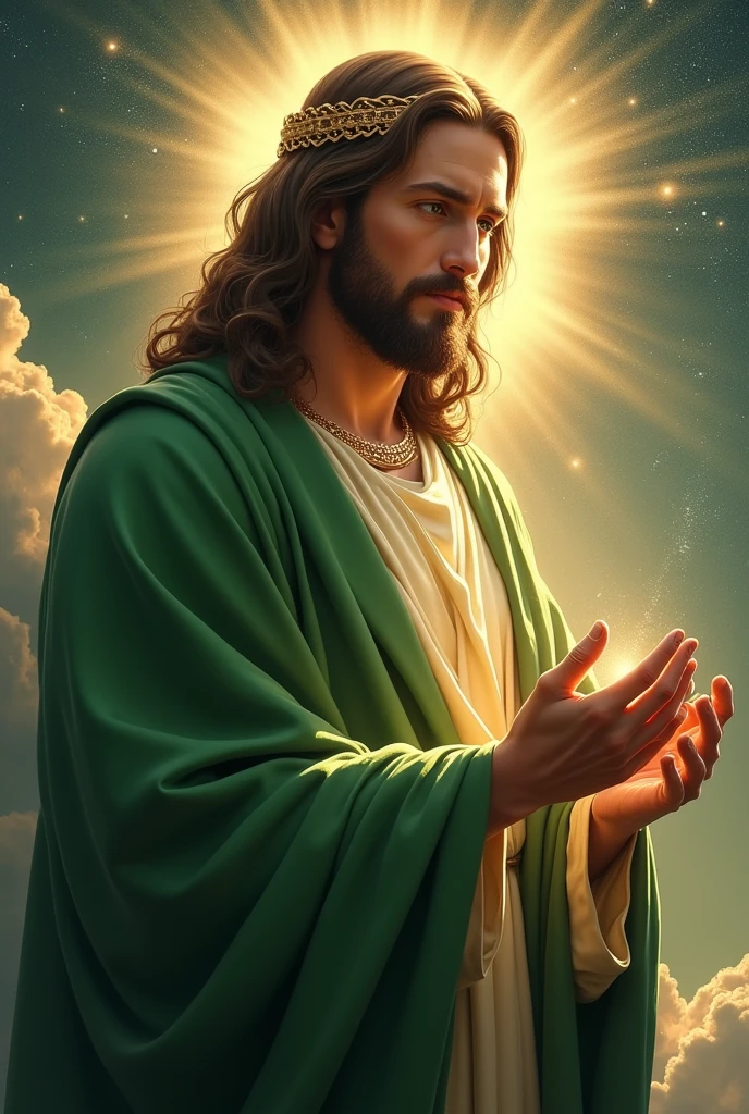 (photorealism:1.2), handsome Jesus Christ with tears focus in his face in the galaxy, wearing green king clothes with  light in his head and heart spreading all over in the galaxy, perfect eyes tears, perfect Jesus Christ, real Jesus Christ, perfect five hands, perfect crying face, elegant, soft lighting, many stars, stand straight, realistic, intricate details, warm colors, by Earl Cornelio Necor