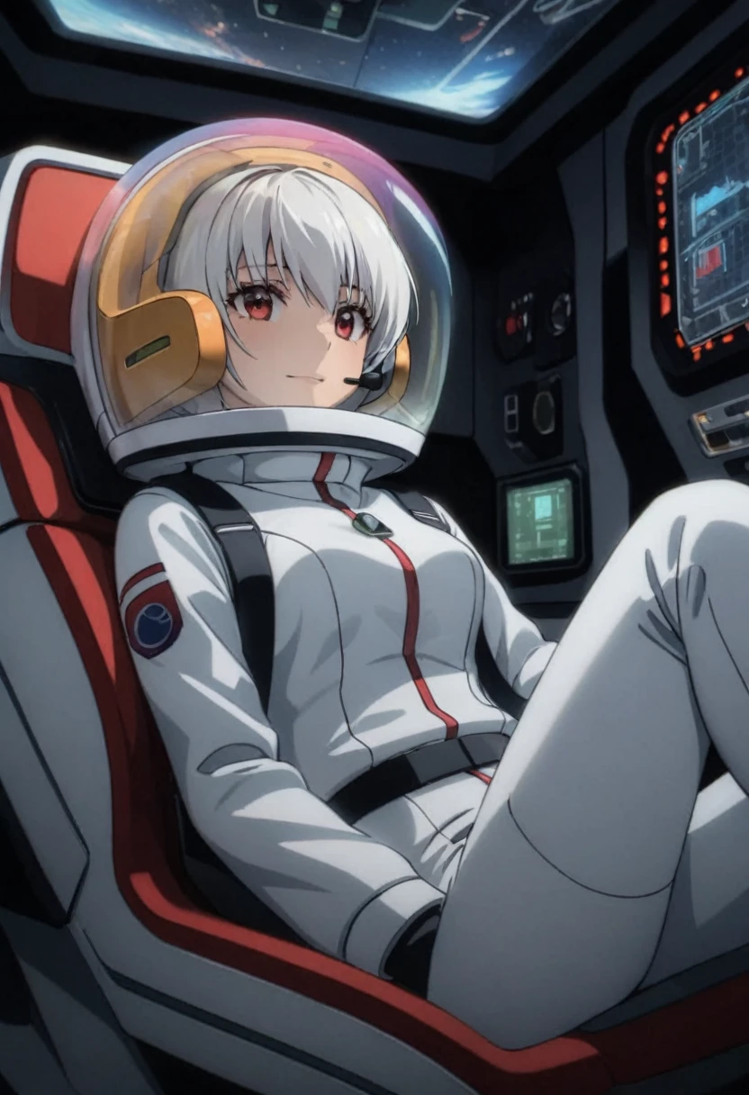 eva helm, spacesuit , astronaut), bubble helmet, space helmet, (1girl:1.1) wearing a (spacesuit:1.15), white cargo pants, (ugh, wtf do these buttons do:1.3), inside the cockpit of a (futuristic spaceship:1.1), sitting in the captains chair, (intricate control panels:1.3), (gleaming metal:1.1), surrounded by many buttons and dials and gauges, (confused:1.3), (worried expression:1.1), (nervous:1.1), concerned, beautiful 8k wallpaper, highly advanced, (sleek design:1.3), intricate, highres, superb, 8k wallpaper, extremely detailed, intricate, short hair, from side, smile, full body,headsets:1.5), from above, white hair, red eyes,ka langley sory