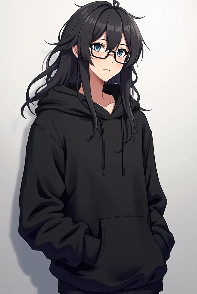 a boy with long hair, Wear glasses, and black sweatshirt, that has pectorals, anime version