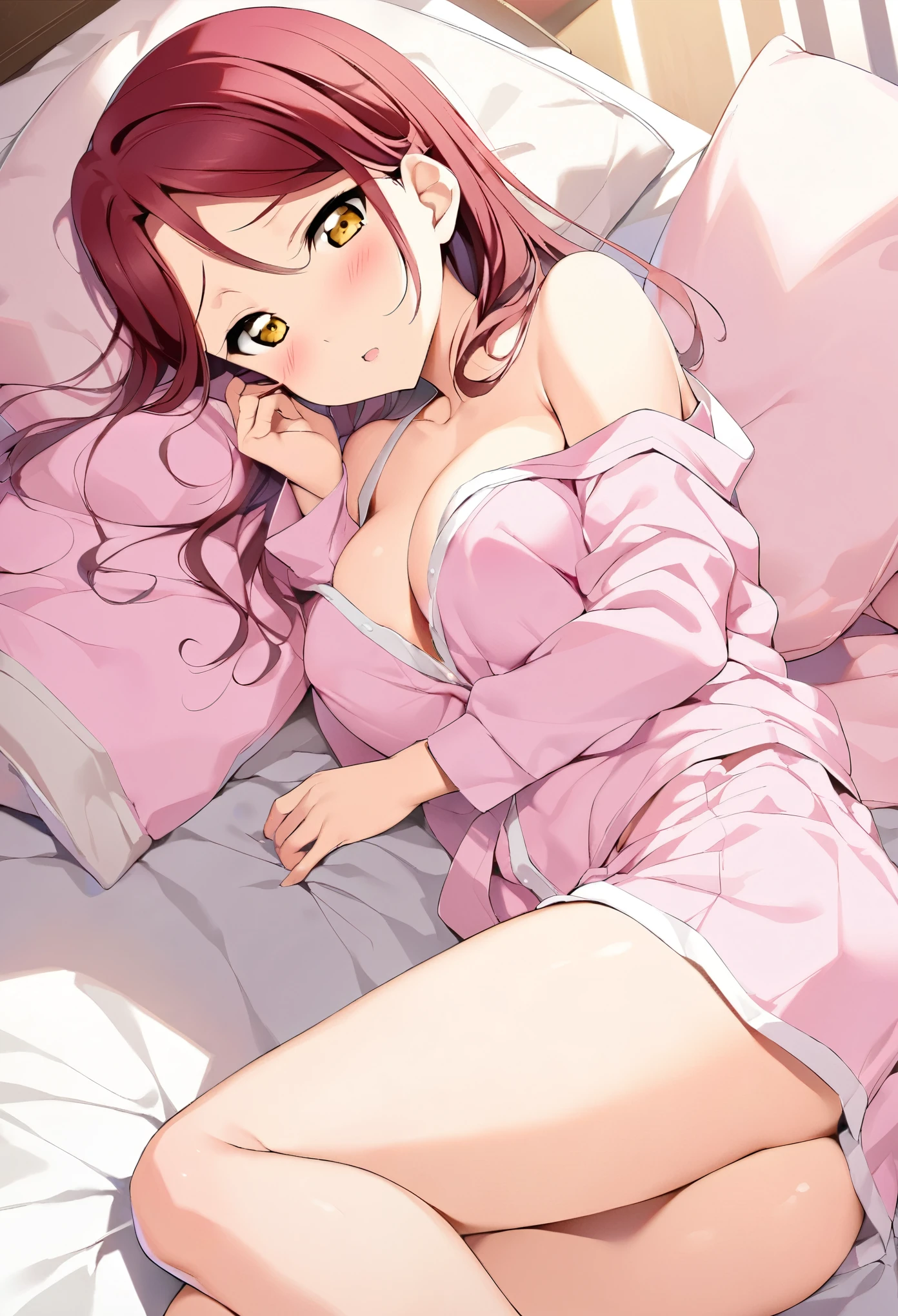 Masterpiece,best quality,Sakurauchi riko love live, yellow eyes,blush, breasts,love scene, love live,on bed,laying on side, looking at viewer, sleeping, pillow, pink pajamas , erotic figure 