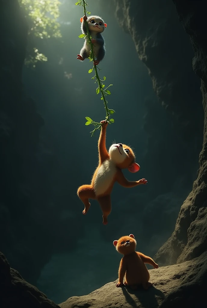 Back in the pit, Kunchu reaches up to grab the vine that Dheeru has lowered. The scene shows Kunchu's little paws clutching the vine tightly, his face filled with determination, while Dheeru stands at the edge, watching carefully."