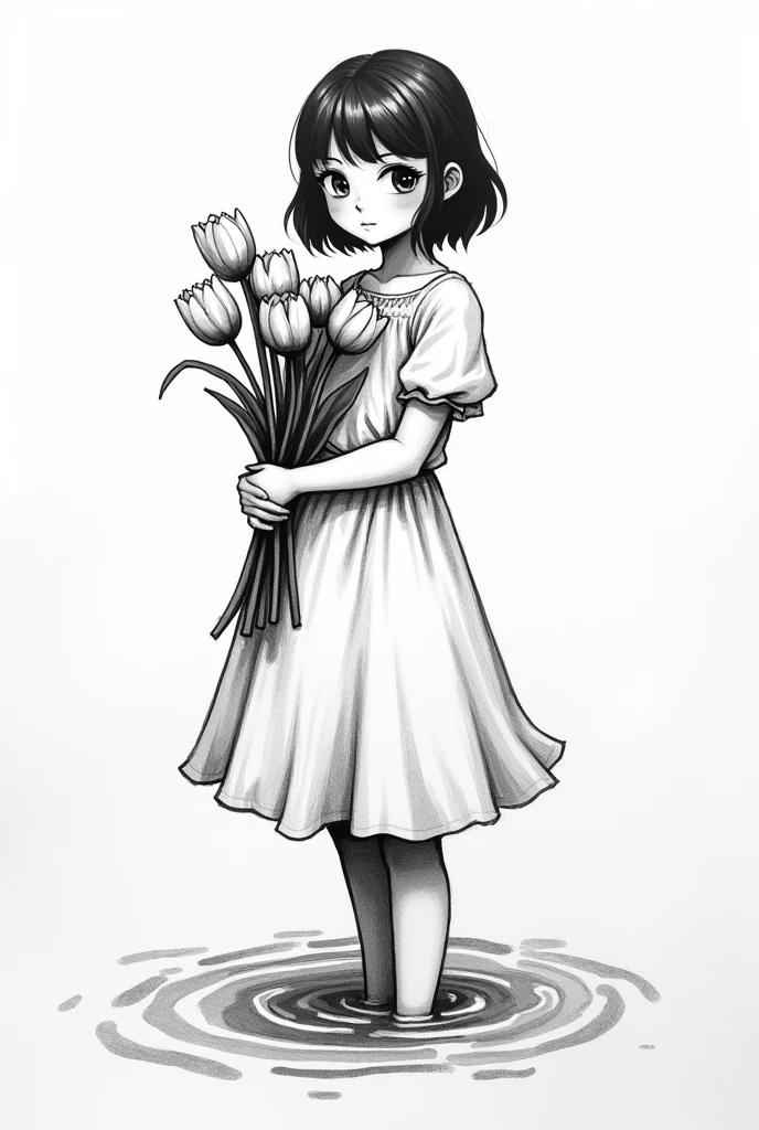 portrait of a beautiful woman, summer dress, defined black lines, 1 girl, standing alone, water, hugging tulips, simple background, white background, monochrome, arte linear, ((outline)),((high qualiy, work of art:1.4)), 1 girl, ((trunk)), portrait outline, messy drawing, messy coal stains, unfinished outline, outlinebook charcoal style drawing of a woman, outlinebook drawing, outlinebook, cute hair, medium short hair, beautiful face, symmetrical face, Symmetrical eyes, ((paper material background)), realistic coal lines, imperfect drawing, coal crumbs, coal lines, Imperfection, fading outline, sQueratogray Sketch (eddiemauro-mix)