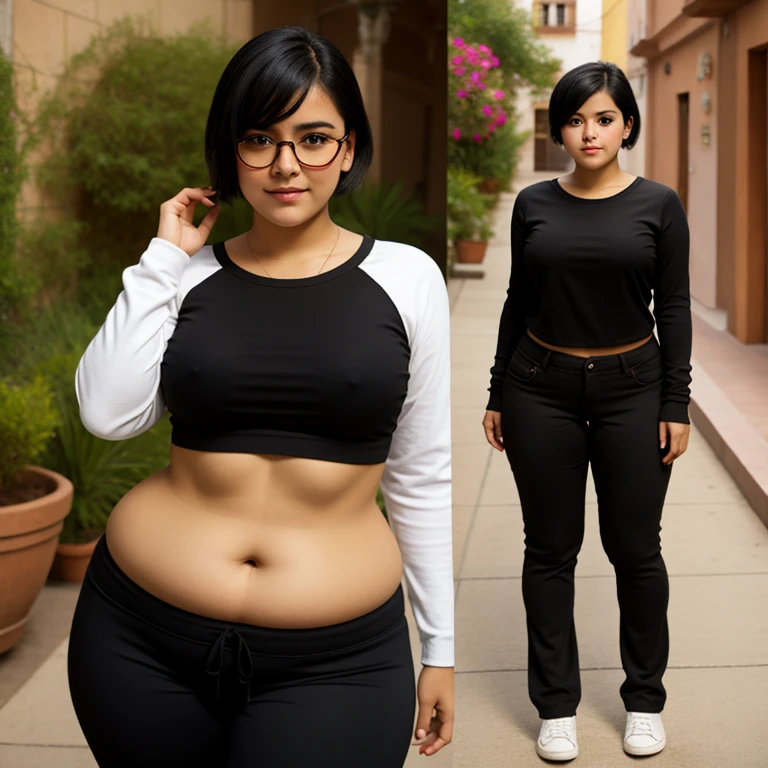 body photo, beautiful detailed, cute face, short, Guanajuato , slightly chubby, short black hair, black hair over one eye, glasses, long sleeve plain T-shirt, long pants, pearshaped wide hips with thick thighs, solo, voluptuous round butt.