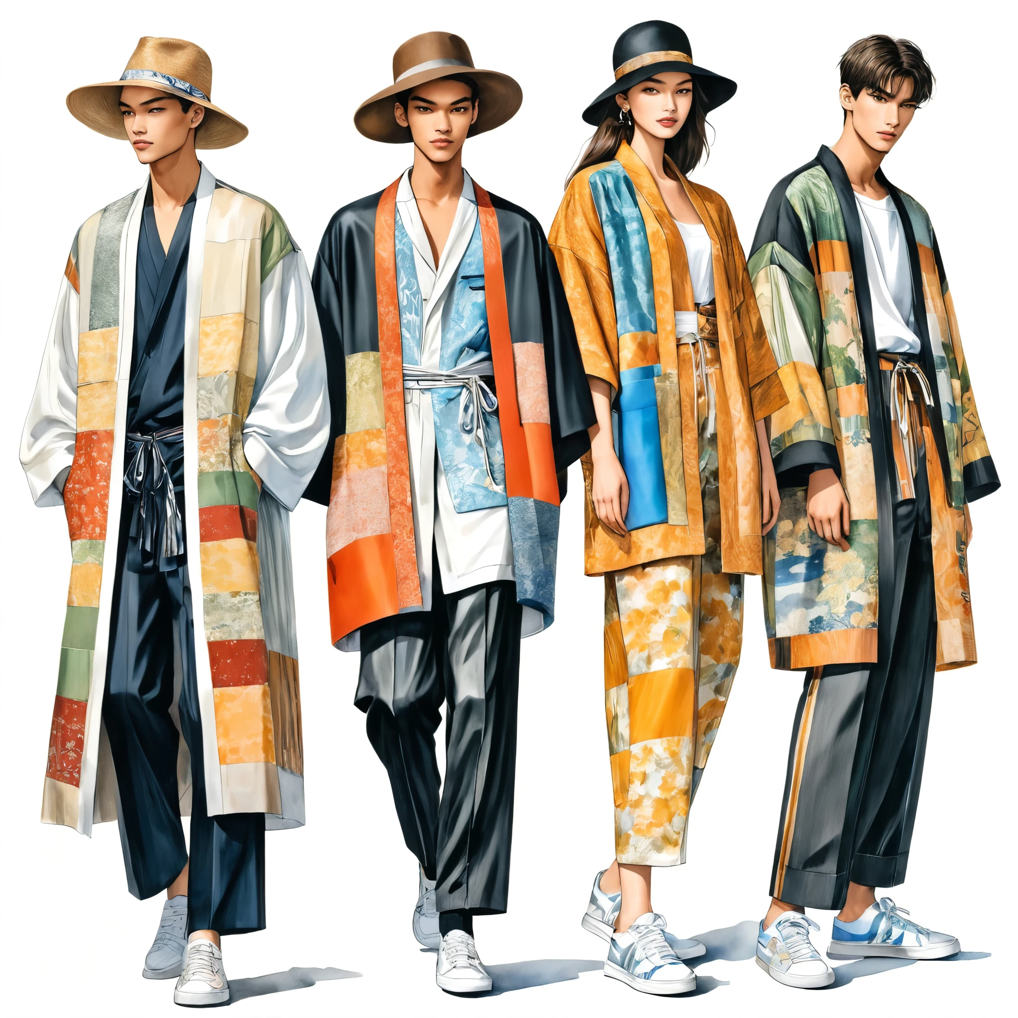 candid fashion illustration a group of young 2man and 1girl, aged 18-23 year old, tall and slender, Mixed race male super model, ((showcase fashionable Lenin outfits inspired by designer Dris Van Noten spring collection 2024)), in elegant and modern style of ((patchwork or collage of E-co print mixed with Metallic color fabric and ethnic cloth)). The 1st man wears an oversized shirt with embroidery and lace details, paired with slim-fit Pants. The 2nd man complements him in a shirt decorate with lace and an oversized Yukata Jacket, ethnic woven details, paired with big striped Drawstring short. a woman wears patchwork long silk dress style, (all completes the look with white sneakers, an accessorizes with a wide-brimmed straw hat, sunglass. Captured in a ((full-body image)), simple model pose, ((simple water-color paint on white paper background)), realistic pencil lines, imperfect drawing, charcoal lines detail, fading sketch, fashion Sketching, low angle view, (full body image), Dris Van Noten