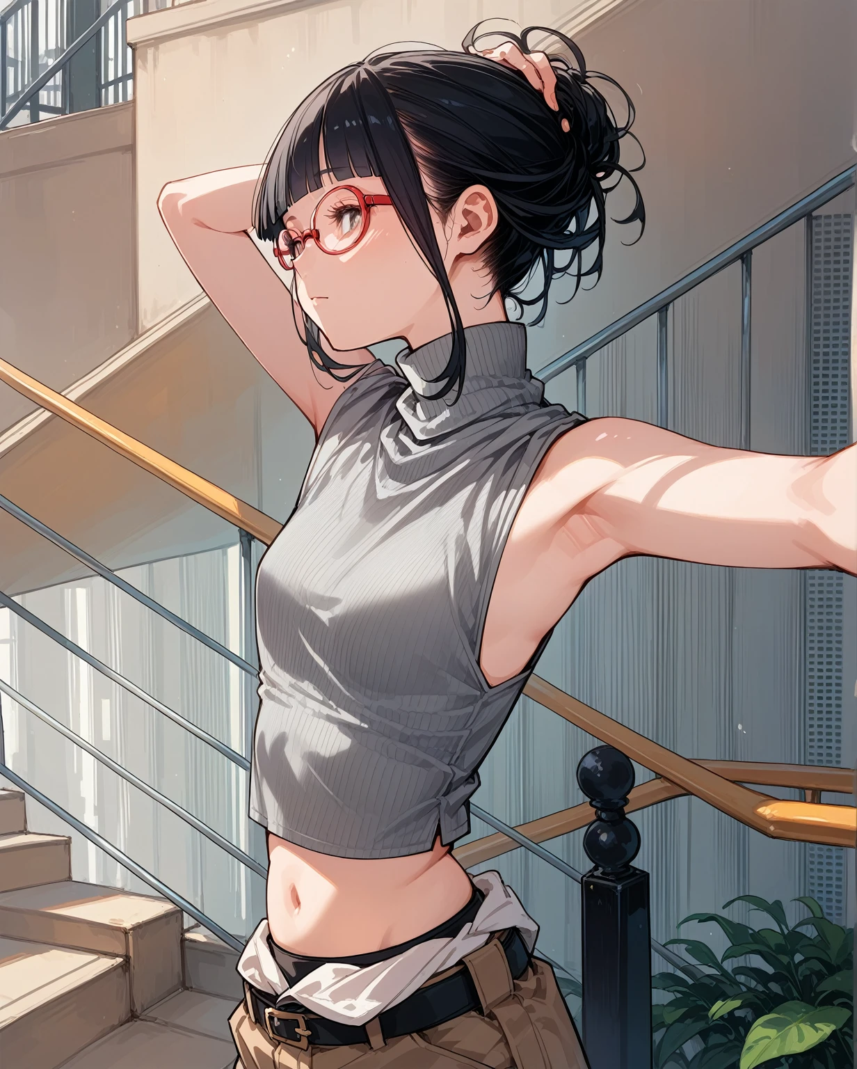 Flat Chest,Focus on your audience,Extremely thin body,Anime Style,Slender figure,delicate,Glasses,Asian woman in grey top and black pants posing on stairs, Sleeveless turtleneck, セクシーなWearing a crop top, Photo of slim girl model, Chiho, T-Top, shikamimi, Wearing a crop top, Real life anime girls, Kurohime cut hair, Shashi, 2 4--old ale model