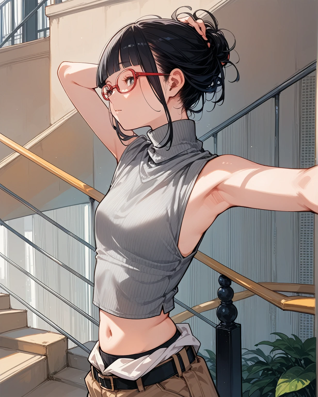 Flat Chest,Focus on your audience,Extremely thin body,Anime Style,Slender figure,delicate,Glasses,Asian woman in grey top and black pants posing on stairs, Sleeveless turtleneck, セクシーなWearing a crop top, Photo of slim girl model, Chiho, T-Top, shikamimi, Wearing a crop top, Real life anime girls, Kurohime cut hair, Shashi, 2 4-year-old female model